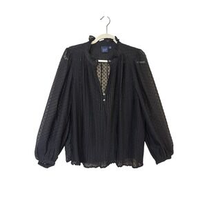 GAP‎ Black Dotted Swiss Sheer Pleated Ruffle Neck Long Sleeve Blouse Top